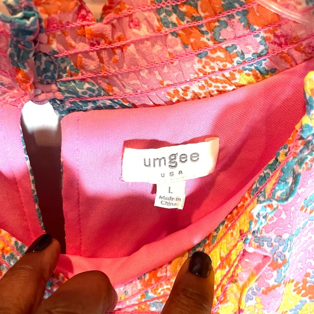 Umgee Floral Boho Shift Dress Size Large Pink Ruffle Neck Flowy Boutique - Picture 4 of 9